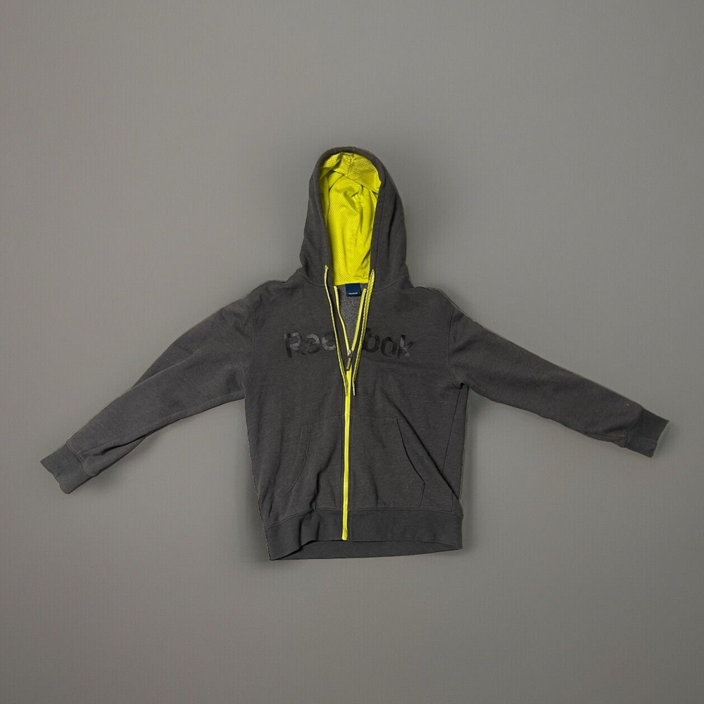 Reebok Mens Full Zip Hoodie Gray Neon Yellow Logo Fleece Sweatshirt Small